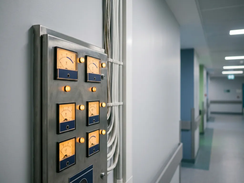 Elektrisches Überwachungspanel mit Analoganzeigen und Kabelmanagement im modernen Krankenhausflur, bernsteinfarbene Kontrollleuchten.