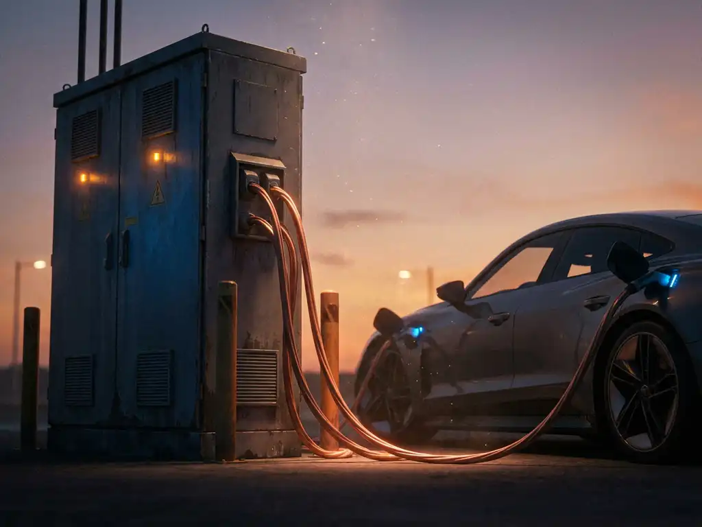 Elektroauto an Schnellladestation mit Industriestromverteiler bei Dämmerung, dicke Kupferkabel, blaue und bernsteinfarbene Lichter.