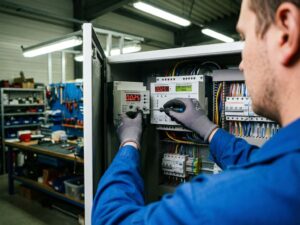 Elektriker justiert Fehlerstrom-Überwachungsgerät in Schaltschrank, digitale Anzeigen zeigen Stromflusswerte