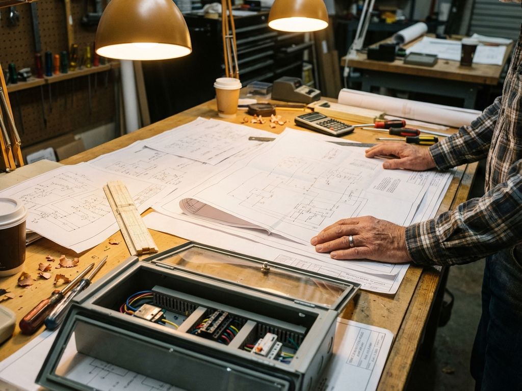 Elektroingenieur plant Schaltpläne am Zeichentisch mit technischen Werkzeugen und Schaltschrank-Modell
