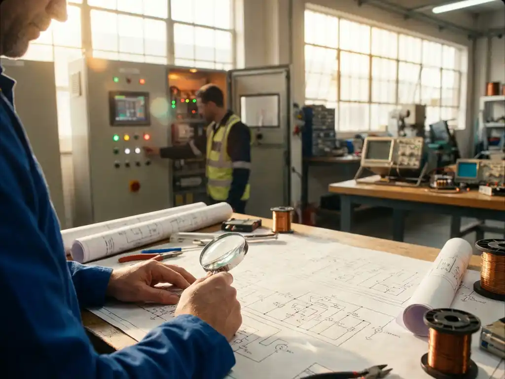 Elektroingenieur prüft Schaltpläne am Zeichentisch während Kollege Bedienfeld in heller Werkstatt betätigt