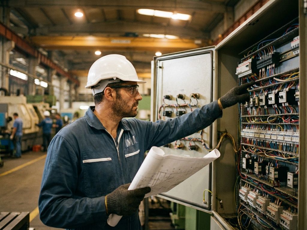 Elektroingenieur mit Schutzhelm prüft Industrieschaltschrank mit Schaltplänen in moderner Fabrikhalle
