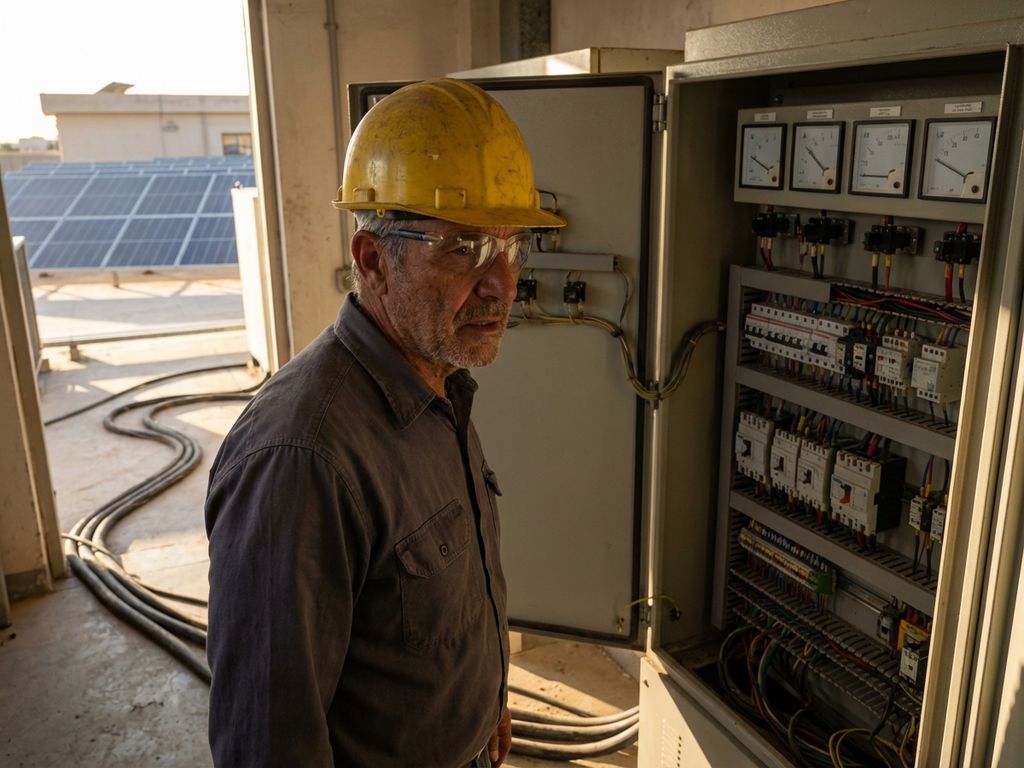 Elektriker mit Schutzhelm prüft besorgt Schaltschrank vor Solaranlage auf Industriedach
