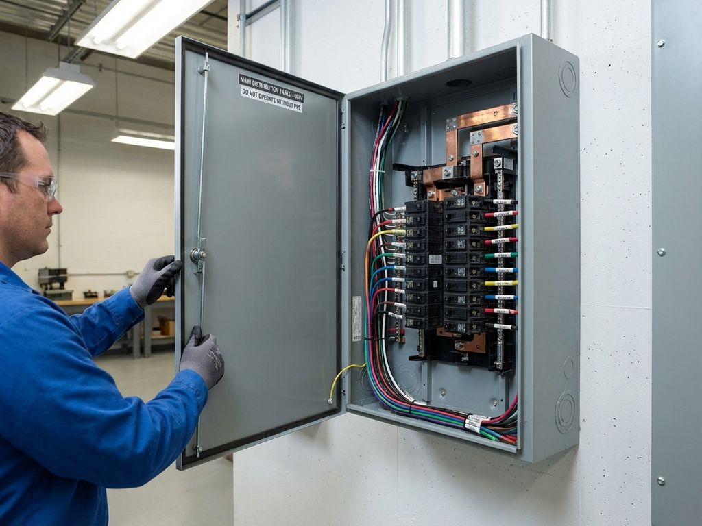 Elektriker öffnet graues Schaltpanel mit Sicherungsautomaten und Kupferschienen an weißer Industriewand