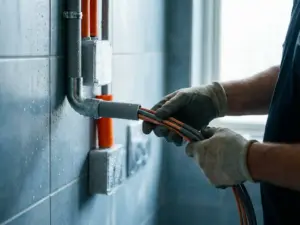 Elektriker verlegt wasserdichte Kabel durch Leitungsrohre an gefliester Badezimmerwand mit Feuchtigkeitstropfen