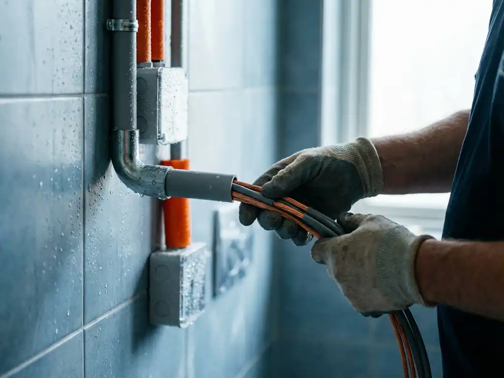 Elektriker verlegt wasserdichte Kabel durch Leitungsrohre an gefliester Badezimmerwand mit Feuchtigkeitstropfen