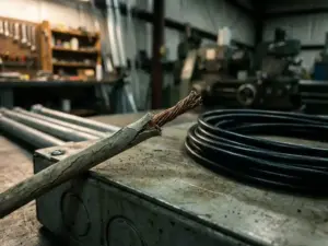 Verwittertes Elektrokabel mit rissiger grauer Isolierung neben neuem schwarzem Kabel auf Metallschaltschrank in Industriewerkstatt