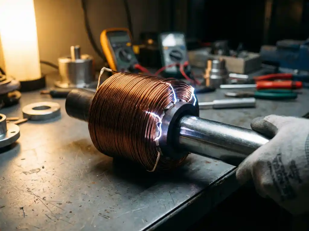 Kupferdrahtspule um Eisenkern mit Magnet erzeugt elektrische Funken durch elektromagnetische Induktion auf Werkbank