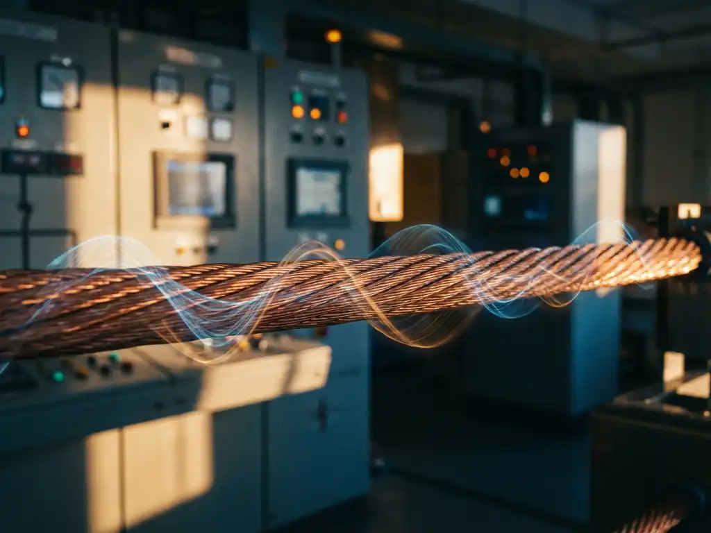 Kupferkabel mit elektromagnetischen Wellen in industrieller Schaltzentrale mit Bedienfeldern im Hintergrund