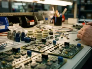 Präzisions-Elektronikkomponenten mit verschiedenen Schutzbeschichtungen auf Werkbank, Leiterplatten mit glänzender Konformalschicht