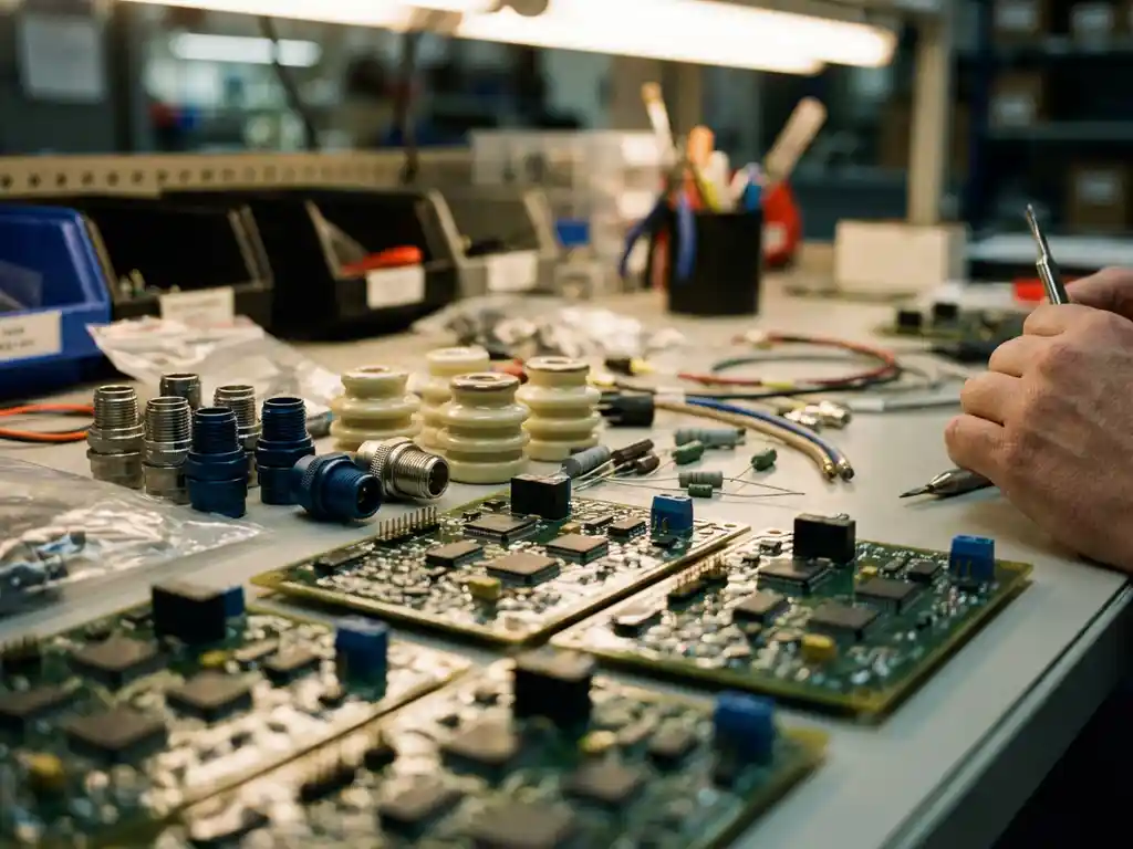 Präzisions-Elektronikkomponenten mit verschiedenen Schutzbeschichtungen auf Werkbank, Leiterplatten mit glänzender Konformalschicht