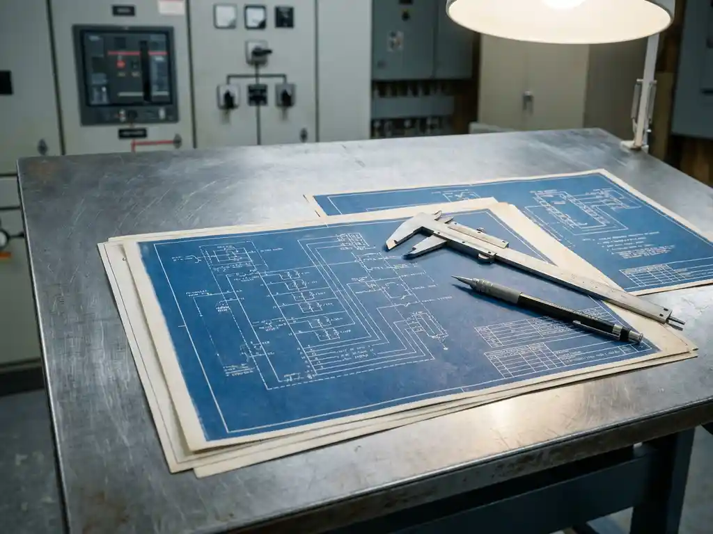 Elektrischer Schaltplan auf Stahltisch mit Messinstrument und Druckbleistift, Schaltschrank im Hintergrund.