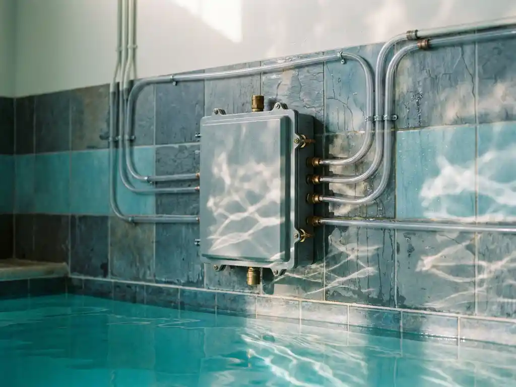 Wasserdichter Elektroverteiler an Fliesenwand neben Hallenbad, Kabelrohre entlang Nasszonengrenzen, türkisfarbenes Poolwasser spiegelt Licht.
