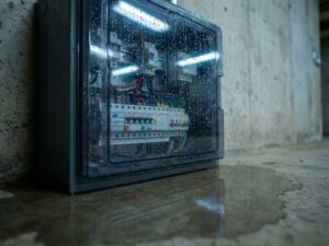 Wetterfeste IP65-Elektroverteilung an Betonwand mit Wassertropfen auf durchsichtiger Abdeckung, Sicherungsautomaten sichtbar