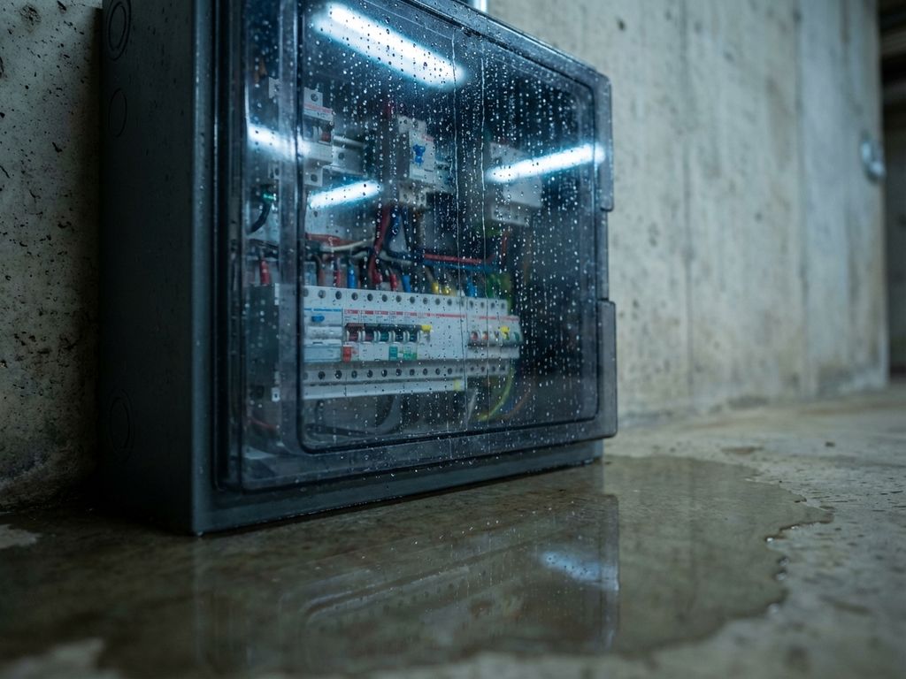 Wetterfeste IP65-Elektroverteilung an Betonwand mit Wassertropfen auf durchsichtiger Abdeckung, Sicherungsautomaten sichtbar