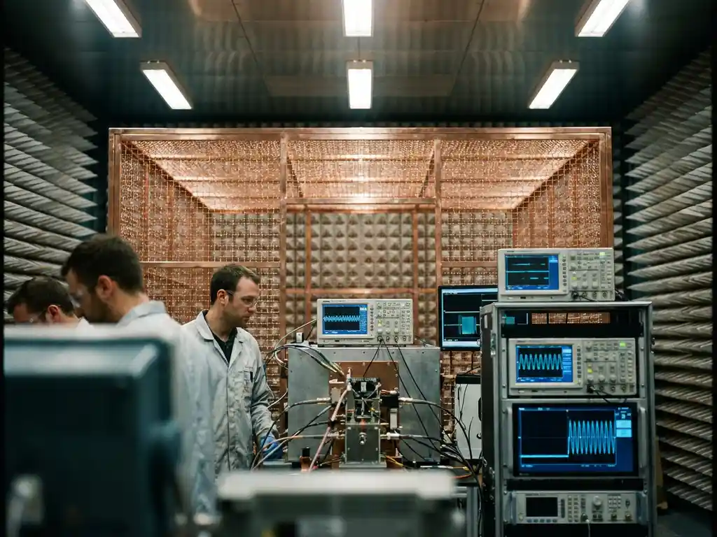 Elektromagnetische Verträglichkeitsprüfkammer mit Metallgitter-Wänden, Oszilloskop-Monitoren und kupferfarbenem Faraday-Käfig unter Laborbeleuchtung
