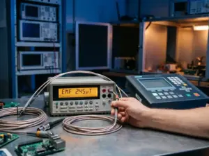 Digitales Multimeter mit leuchtender Anzeige misst elektromagnetische Feldstärke neben Industrieschalttafel auf Metallwerkbank