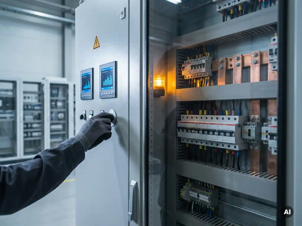 Techniker justiert Präzisionsregler an industriellem Schaltschrank mit Energiemonitoring-Displays, Leistungsschaltern und Kupferschienen.