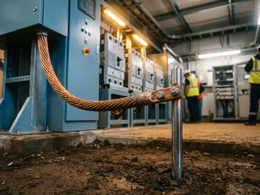 Kupfer-Erdungskabel verbunden mit Erdungsstab in dunkler Erde, umgeben von Schalttafeln in moderner Elektroanlage