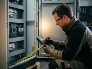 Elektriker in Schutzausrüstung misst grün-gelben Schutzleiter mit Digitalmultimeter in industrieller Werkstatt