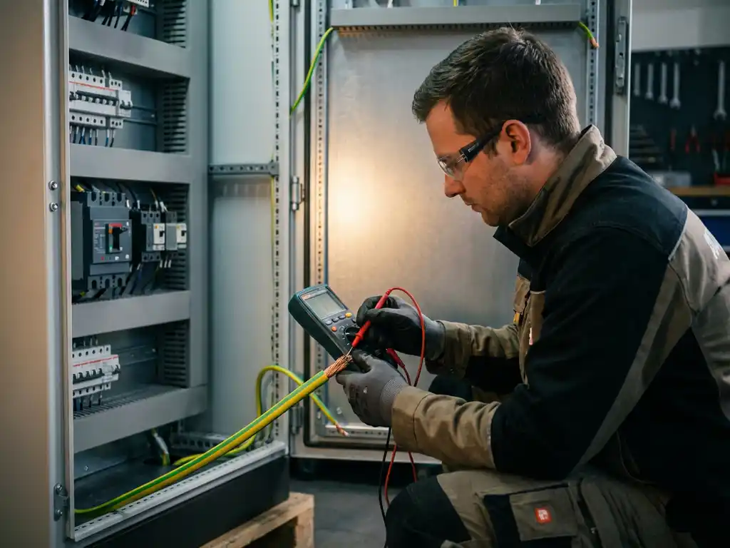 Elektriker in Schutzausrüstung misst grün-gelben Schutzleiter mit Digitalmultimeter in industrieller Werkstatt