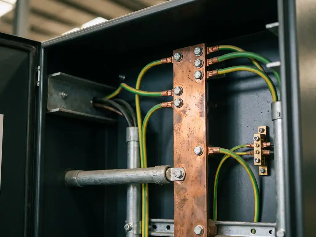 Kupfer-Erdungssammelschiene in Verteilerschrank mit grün-gelben Potentialausgleichsleitungen zu Metallrohren und Stahlträgern.