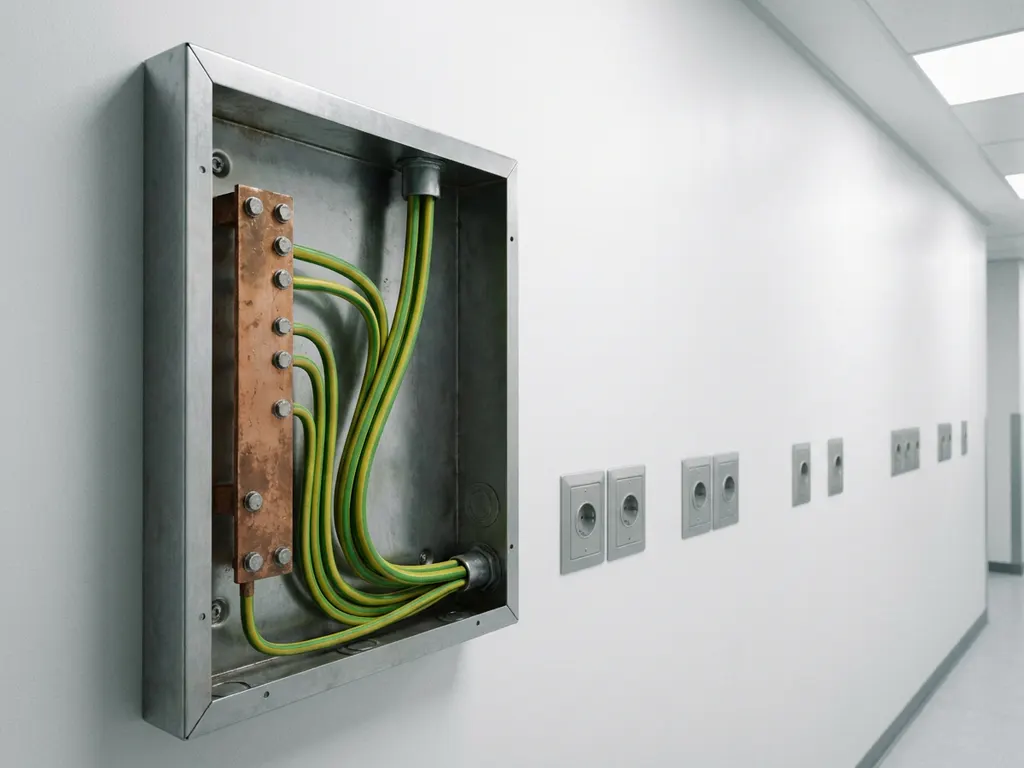 Kupfer-Erdungsschiene in geöffnetem Elektro-Verteilerkasten mit grün-gelben Schutzleitern in medizinischem Korridor.