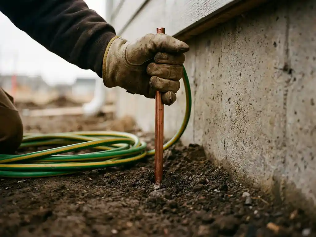 Elektriker treibt Kupfer-Erdungsstab in dunklen Boden neben Betonfundament, grün-gelbe Erdungskabel im Vordergrund.