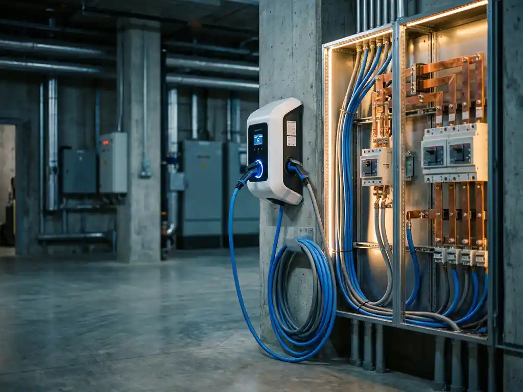 EV-Ladestation mit weißem Ladegerät an Betonwand, industrielle Kabel und Kupferschienen im Verteilerkasten sichtbar.