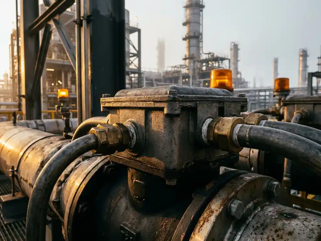 Explosionsgeschützte Elektro-Klemmendose an Industrierohren in einer Petrochemieanlage mit Messingdruckdichtungen und Schwergutarmaturen.