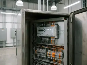 Kompakte RTU-Industriesteuerung in geöffnetem Metallschrank mit Klemmblöcken und dichter Verkabelung in moderner Umspannstation.