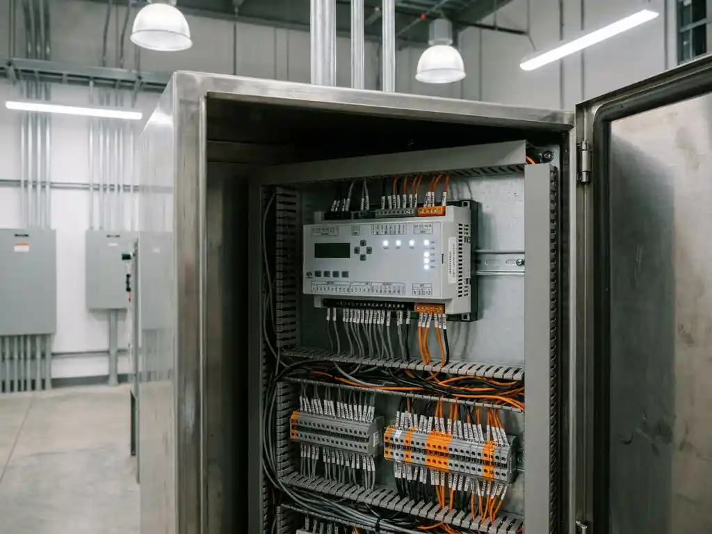 Kompakte RTU-Industriesteuerung in geöffnetem Metallschrank mit Klemmblöcken und dichter Verkabelung in moderner Umspannstation.