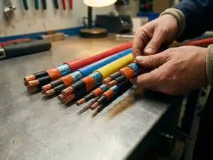 Elektrische Kabel mit verschiedenfarbigen Schutzmänteln auf Werkbank, Querschnitte zeigen Kupferleiter und feuerfeste Isolierung