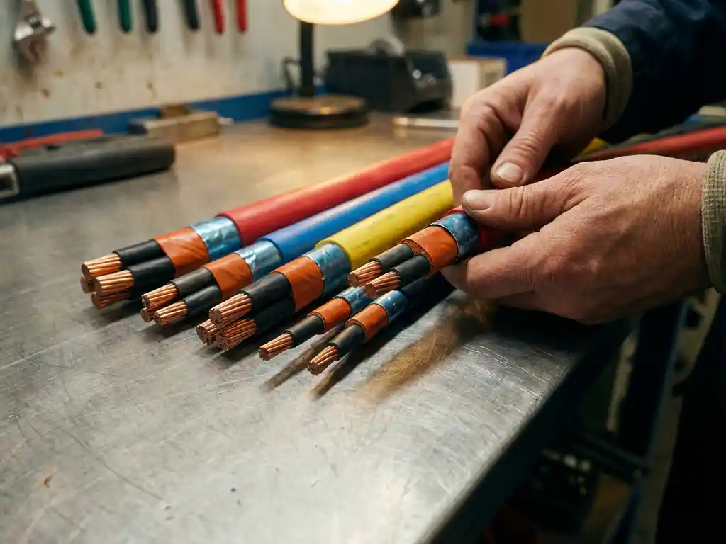 Elektrische Kabel mit verschiedenfarbigen Schutzmänteln auf Werkbank, Querschnitte zeigen Kupferleiter und feuerfeste Isolierung