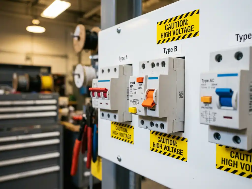 FI-Schutzschalter Typ A, AC und B auf weißer Elektrotafel mit Prüftasten und Schaltmechanismen in Elektrowerkstatt