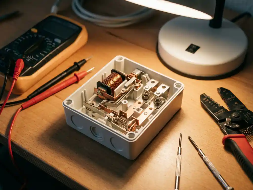 FI-Schutzschalter mit geöffnetem weißem Gehäuse zeigt kupferne Spulenmechanik auf Elektroarbeitsplatz mit Prüfgeräten