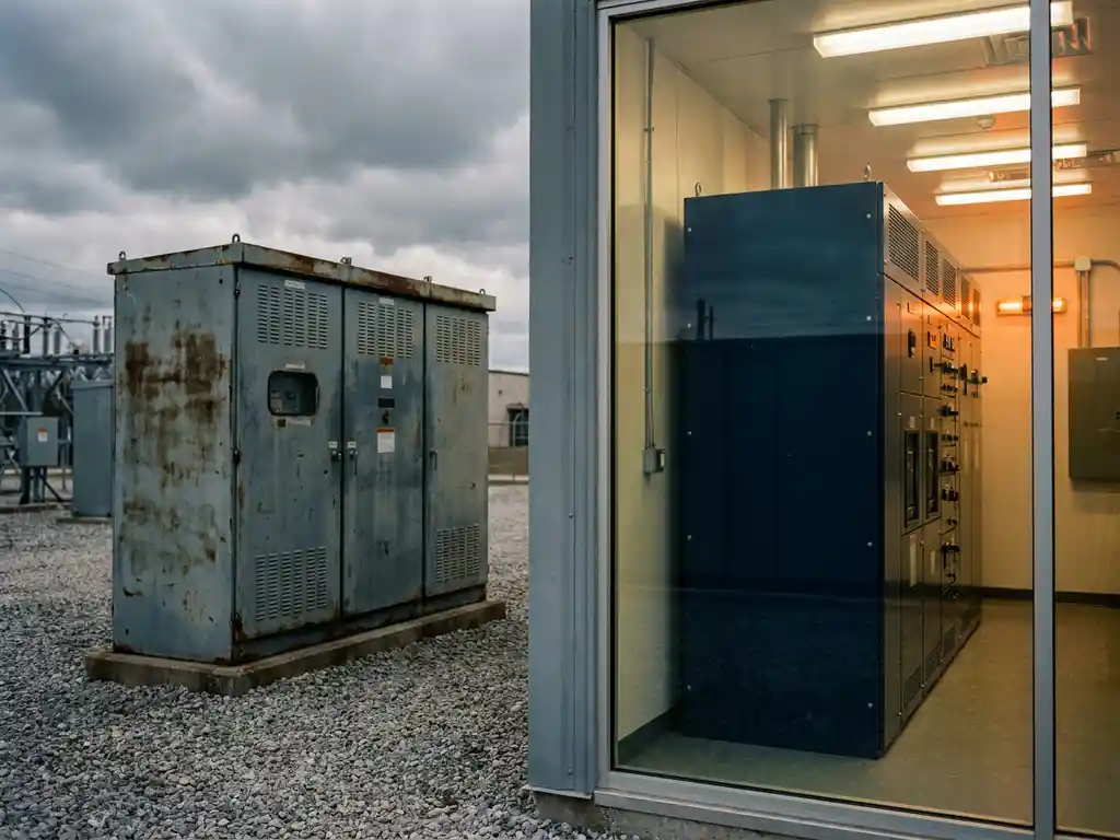 Verwitterter Outdoor-Schaltschrank im Umspannwerk neben modernem Indoor-Schaltfeld in sauberem Elektroraum, Stahl- und Marineblauntöne.