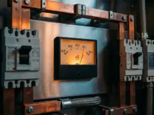 Präzisions-Frequenzmesser mit leuchtender Analognadel bei 50 Hz auf professionellem Elektro-Schaltpanel mit Kupferschienen