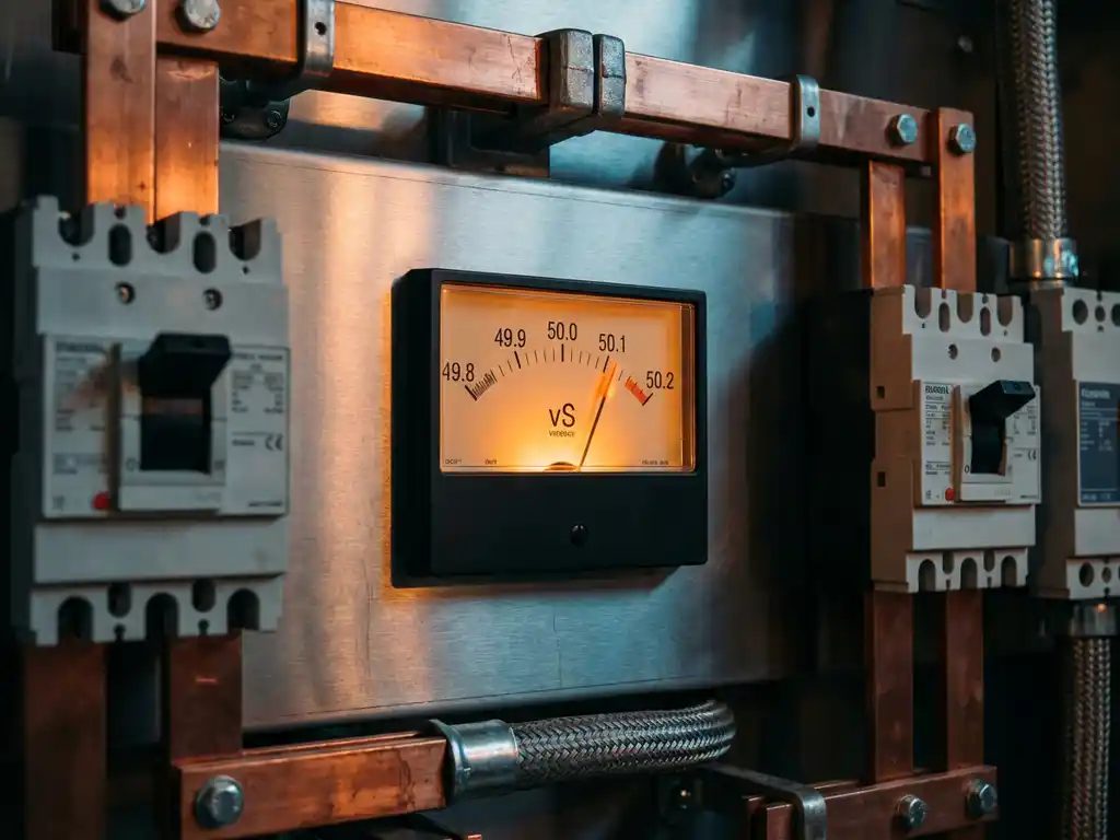 Präzisions-Frequenzmesser mit leuchtender Analognadel bei 50 Hz auf professionellem Elektro-Schaltpanel mit Kupferschienen