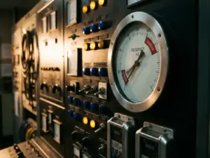 Industrieller Frequenzmesser mit oszillierender Nadel zwischen roten Warnbereichen in Kraftwerk-Kontrollraum