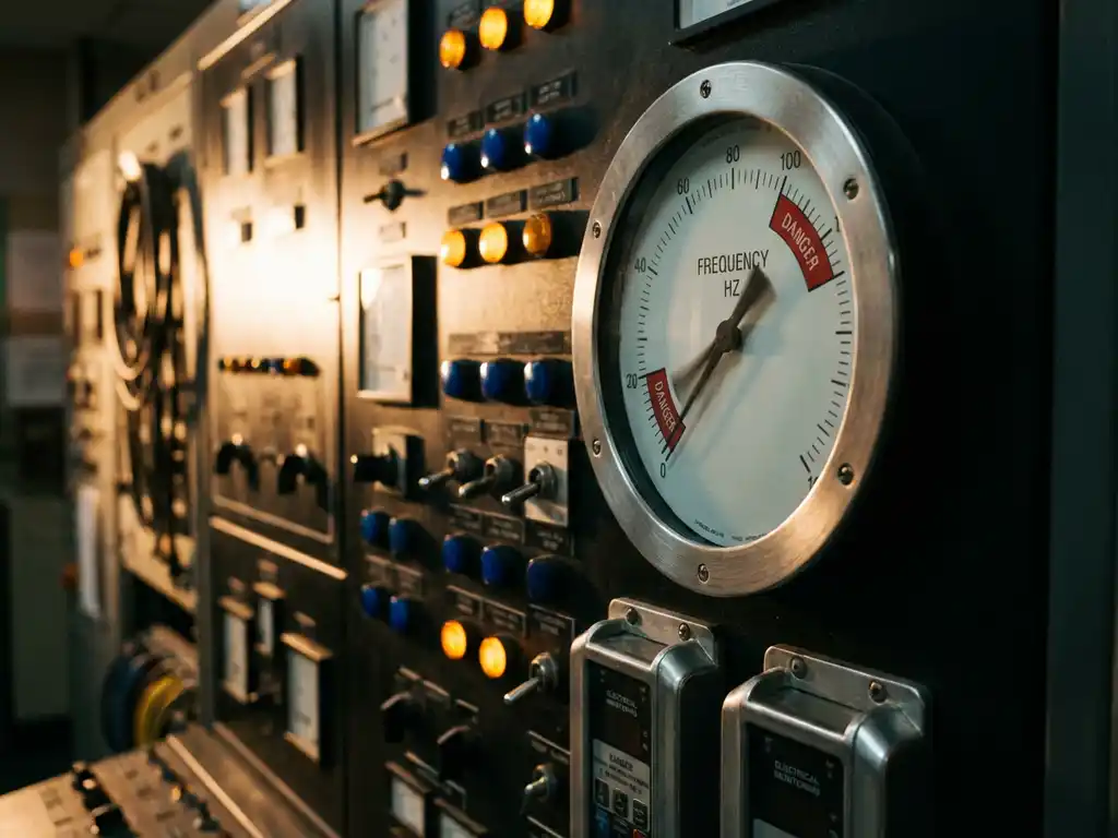 Industrieller Frequenzmesser mit oszillierender Nadel zwischen roten Warnbereichen in Kraftwerk-Kontrollraum
