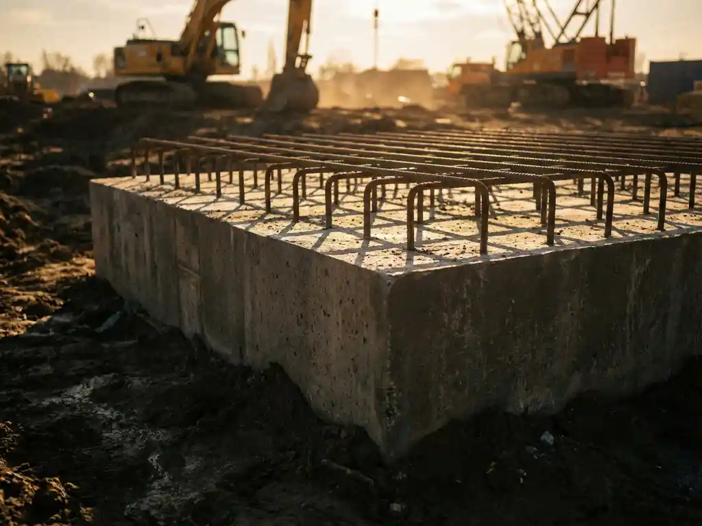 Massiver Betonfundamentblock mit hervorstehenden Stahlbewehrungsstäben, Baumaschinen im Hintergrund, warmes Nachmittagslicht