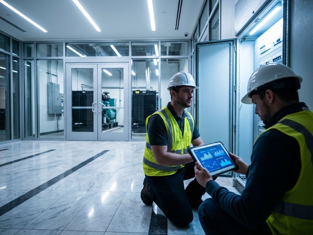 Wartungsingenieur in Sicherheitsweste prüft Schaltschrank mit Tablet in moderner Gebäudelobby mit Notstromaggregaten