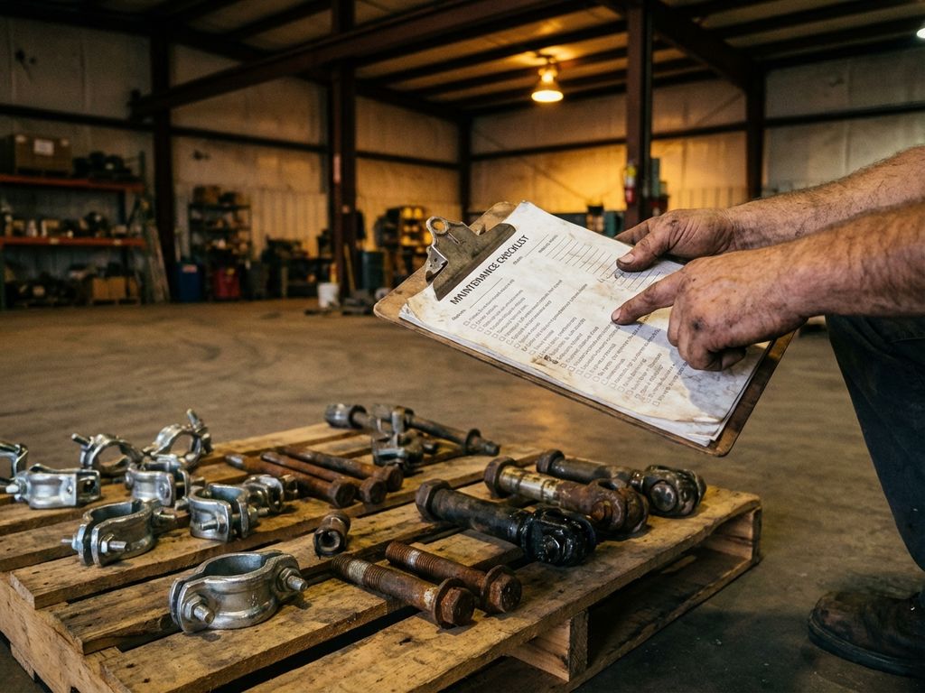 Bauarbeiter überprüft Gerüstausrüstung mit Wartungscheckliste in Industriehalle, Metallklemmen in unterschiedlichem Zustand