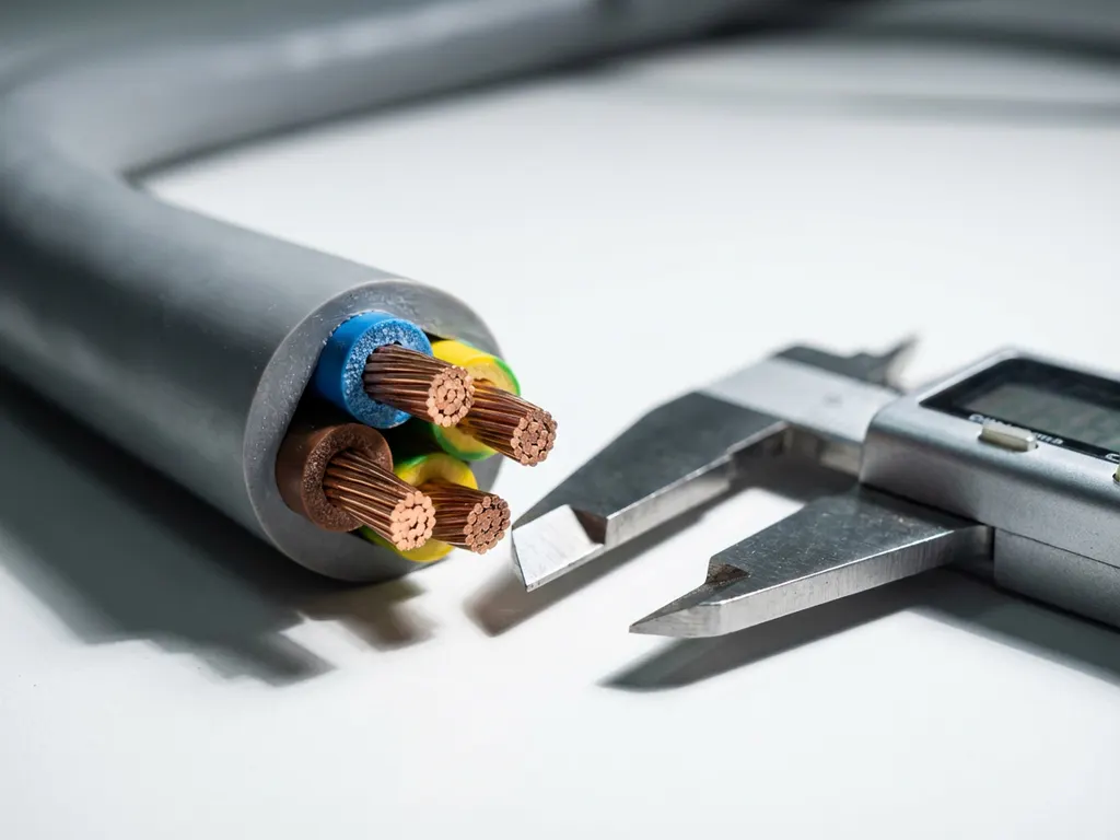 Querschnitt eines halogenfreien Elektrokabels mit Kupferleitern und Isolierschichten neben Messschieber auf weißer Laboroberfläche