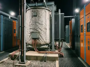 Industrietransformator in Hochspannungsumspannwerk mit feuerfester Mineralwolle-Isolierdecke und Kupfer-Erdungskabel.