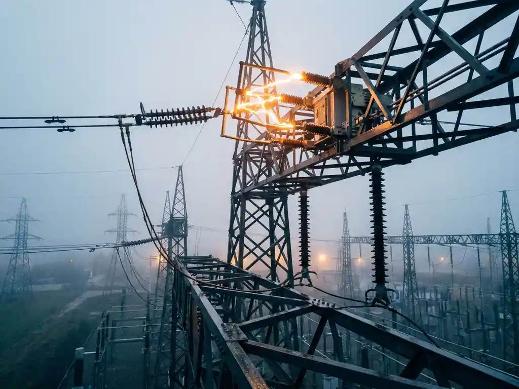 Hochspannungs-Leistungsschalter an Stahlmast mit Lichtbogen-Funken im Morgennebel, dramatische Froschperspektive auf Stromnetz.