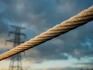 Geflochtenes Hochspannungskabel mit Reifkristallen vor dramatischem Himmel und Übertragungsmast im Hintergrund