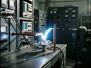 Hochspannungsprüfgerät mit Kupferelektroden und blau-weißem Lichtbogen zwischen den Anschlüssen im Testlabor