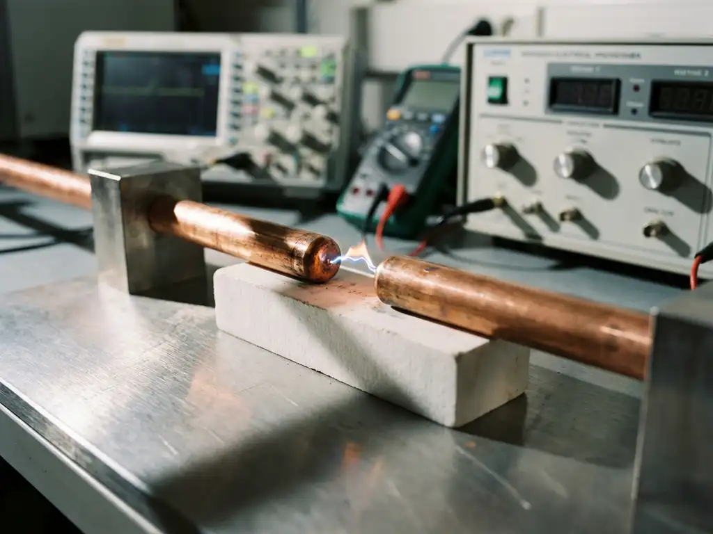 Präzisions-Prüfgerät mit Kupferelektroden erzeugt Lichtbogen an weißer Keramikisolierung auf Metalltisch im Labor